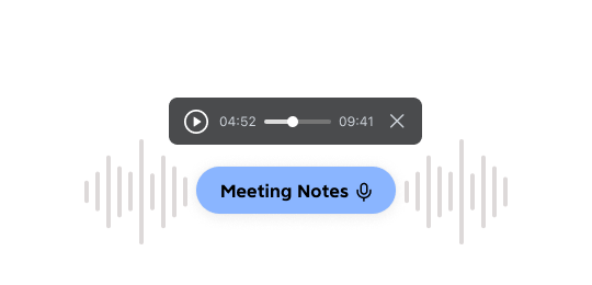 一个名为"会议记录"的主题，上方是语音备注的界面，包含播放和删除按钮
